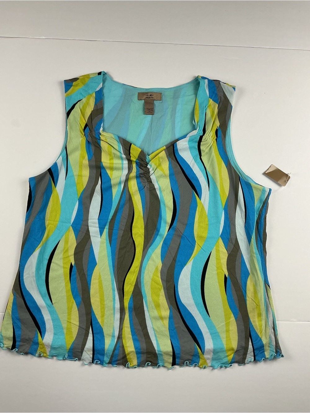 Sleeveless Wave-Print Tank Top in Aqua, Lime & Blue